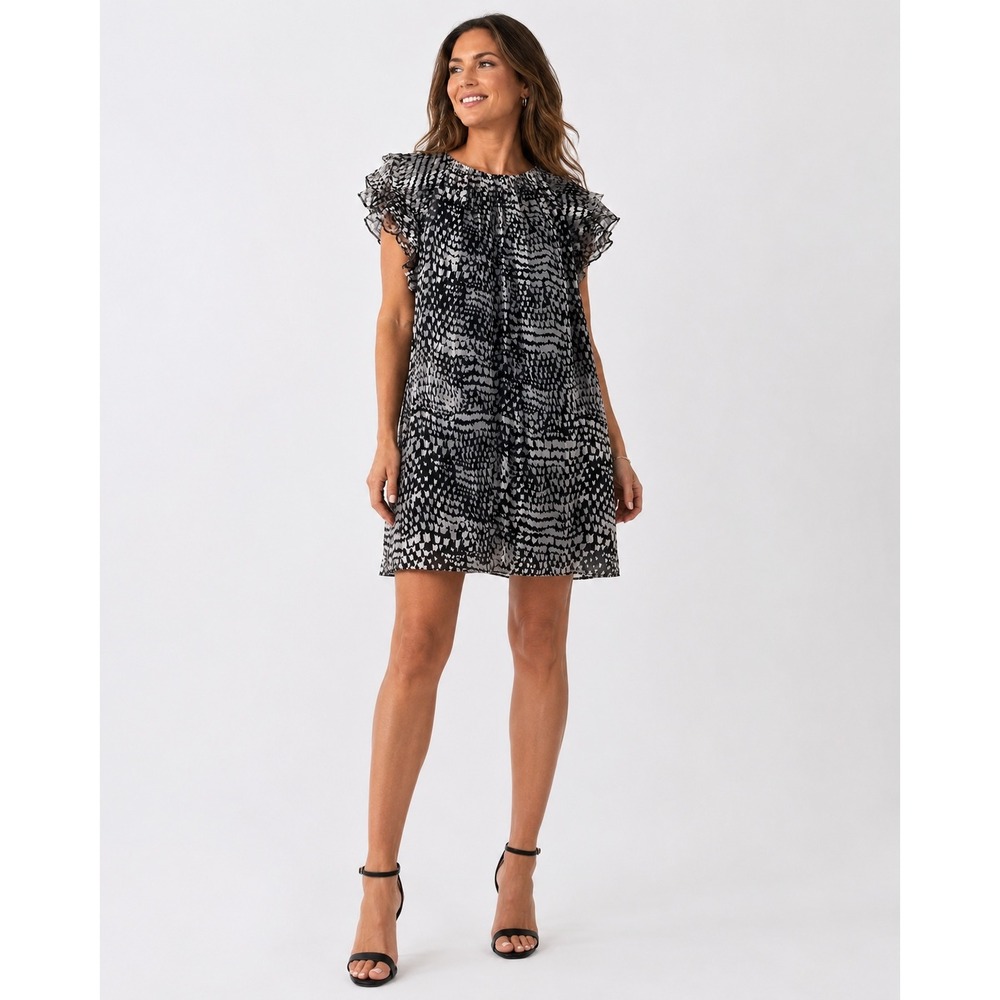 Alice & Trixie Silk Shift Dress L Black White Animal Print Ruffle Sleeve